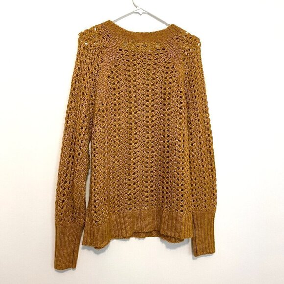 AMERICAN EAGLE Mustard Yellow Golden White Open Knit Chunky Oversized Sweater M - Picture 10 of 12
